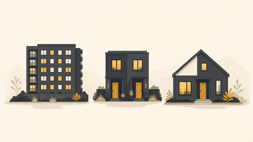 Nowoczesna ilustracja nieruchomości — apartamentowiec, szeregowiec i dom