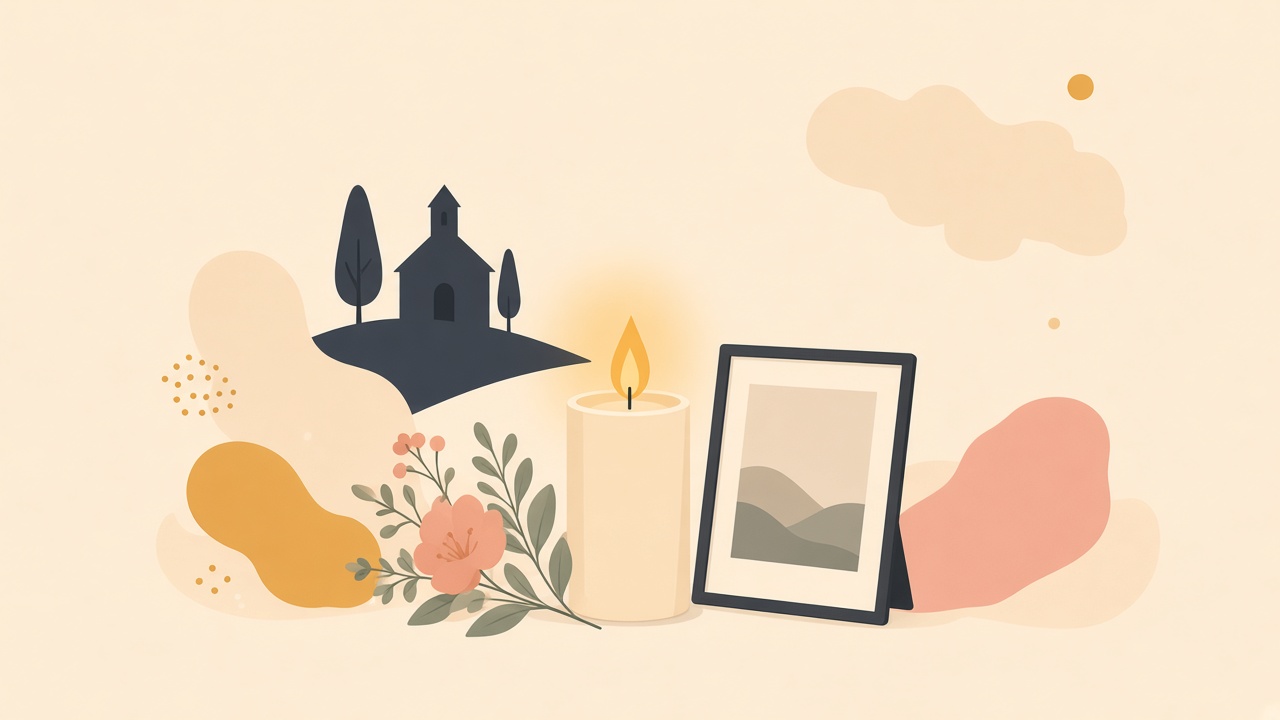 Ilustracja pamięci — świeca, kwiaty i spokojne wzgórza