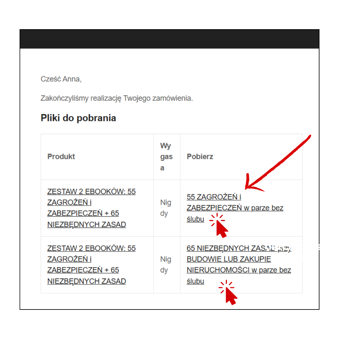 Zrzut e-maila z tabelą Pliki do pobrania — kliknij nazwę produktu, żeby pobrać ebooka
